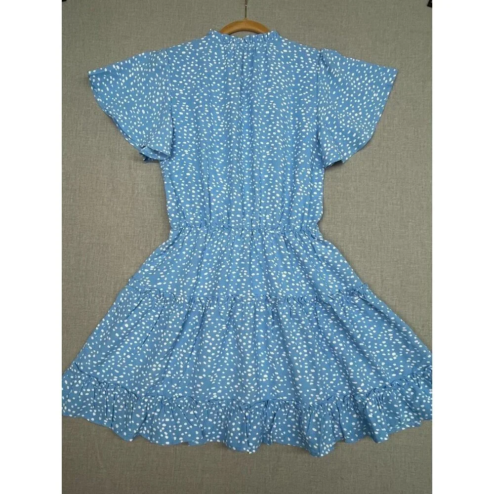 Short Flutter Sleeve Blue Polka Dot Ruffle Skirt Sun Dress Tie Neck, Size Small - Picture 6 of 6